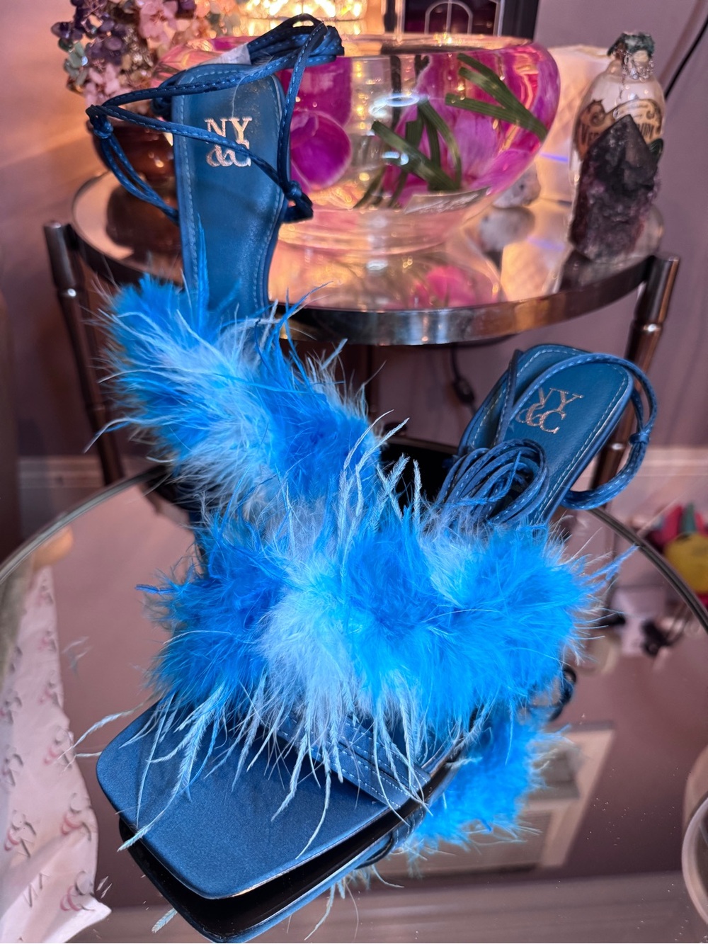 New York & Company Bright Blue Feather Strappy Heels size 11